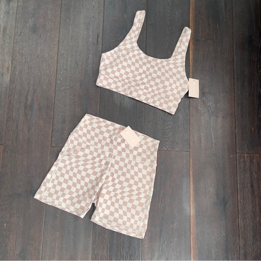Checkered Cream & White Sports Bra and Bike Short Set